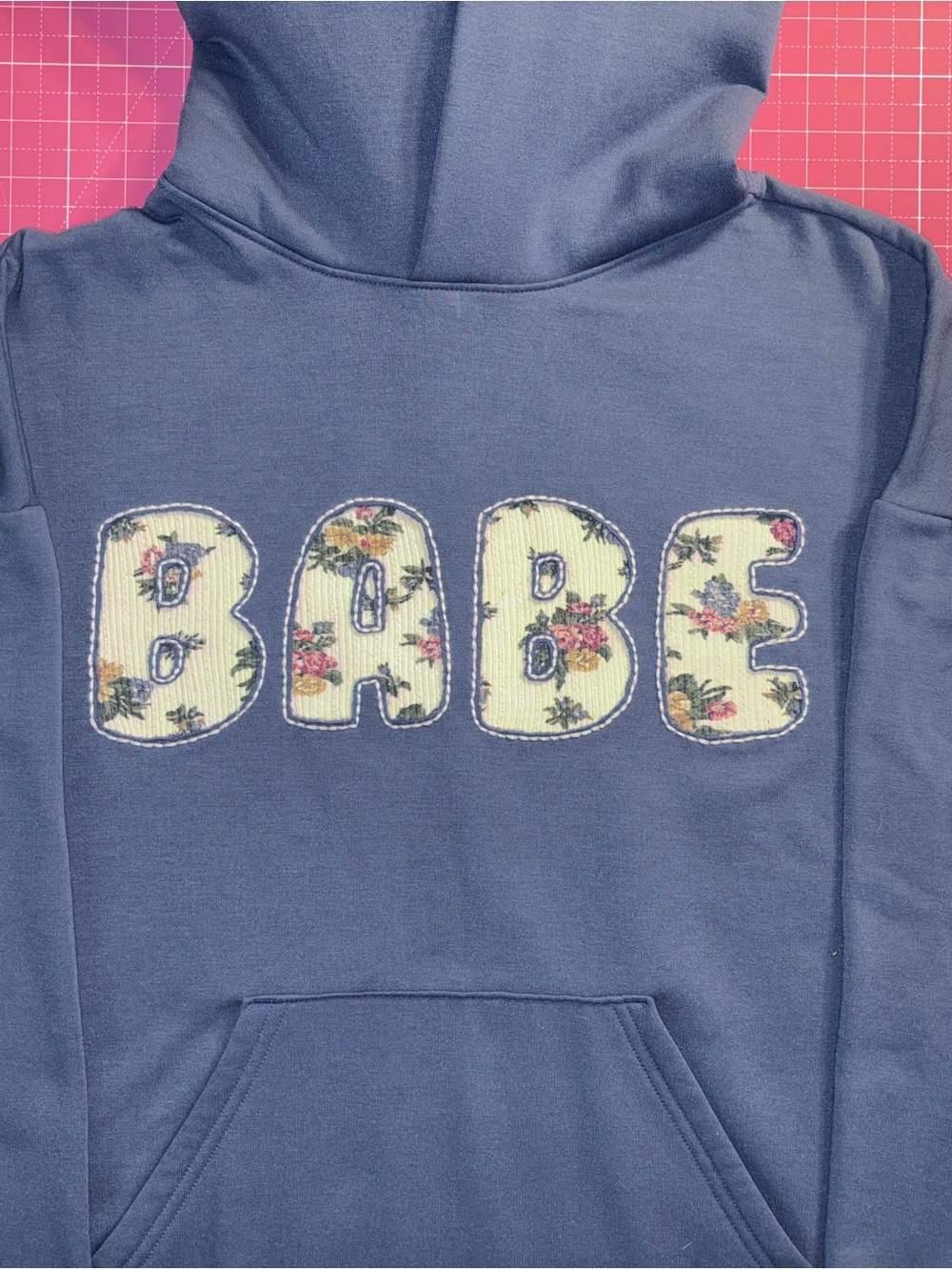 Hand Reverse-Embroidered Upcycled “BABE” Dark Blue Sweatshirt Women’s M